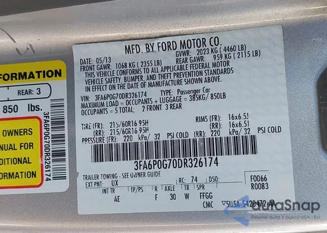 2013 Ford Fusion S from USA, damaged, VIN 3FA6P0G70DR326174